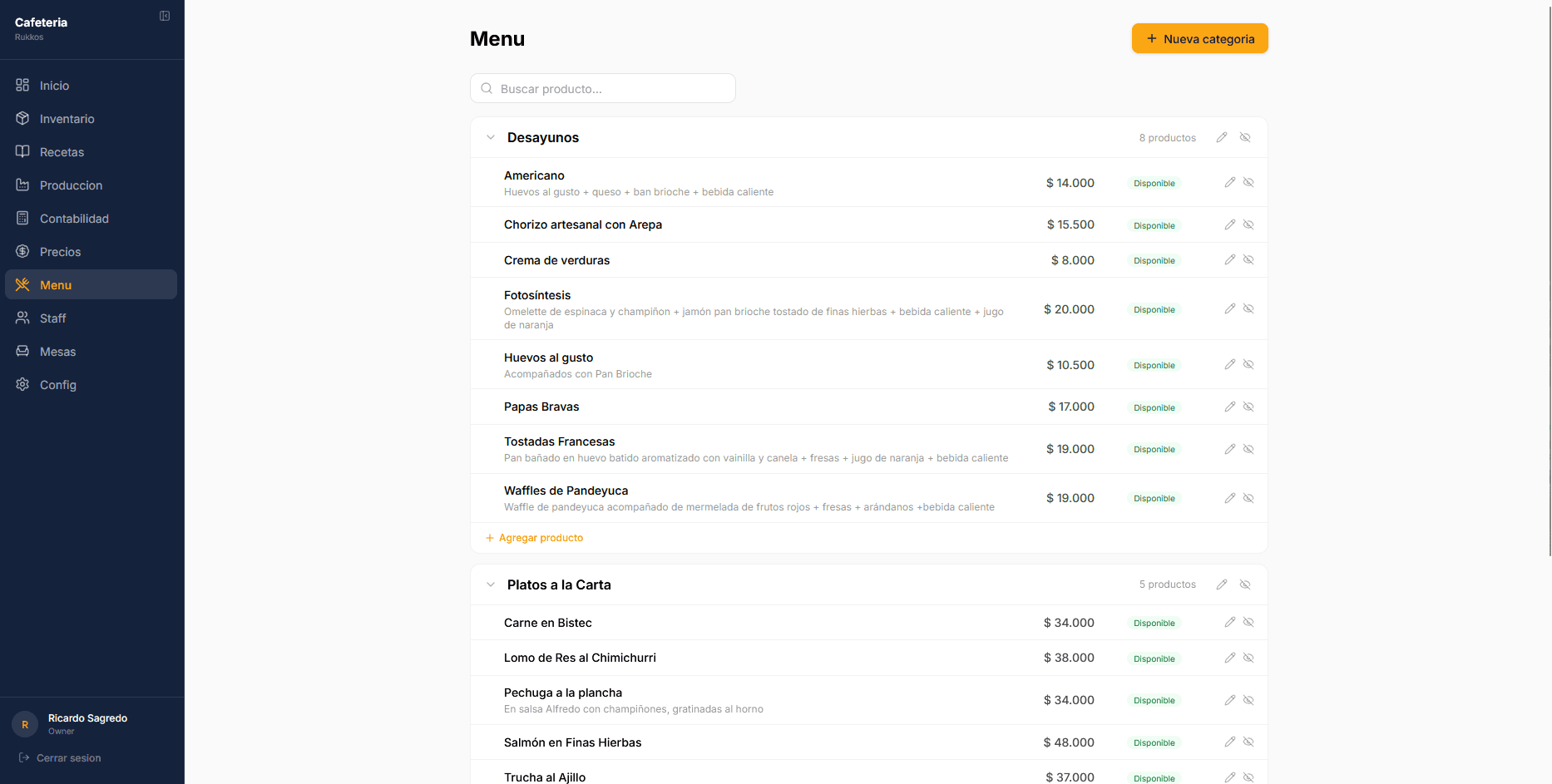 Menu con categorias, precios y disponibilidad