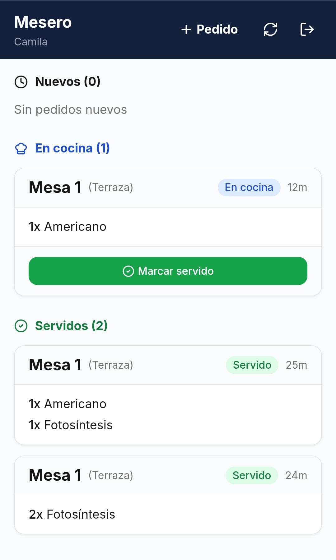 App mesero con ordenes en cocina y servidas