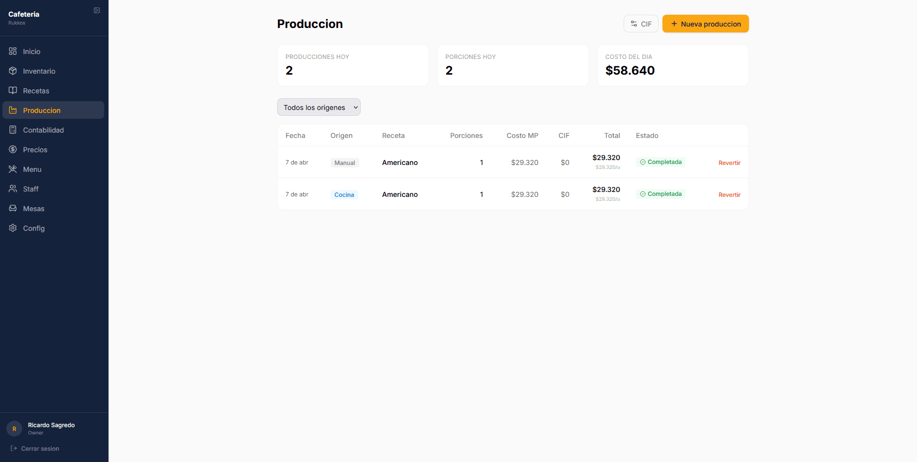 Modulo de produccion con lotes y costos