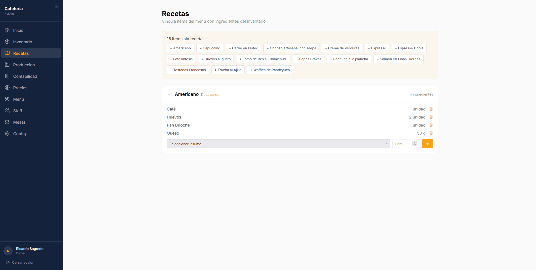 Recetas vinculadas al menu con costos